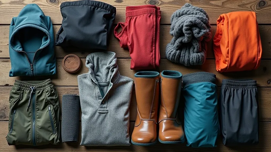 Różne rodzaje odzieży trekkingowej ułożone na drewnianym stole — merino, poliester, bawełna
