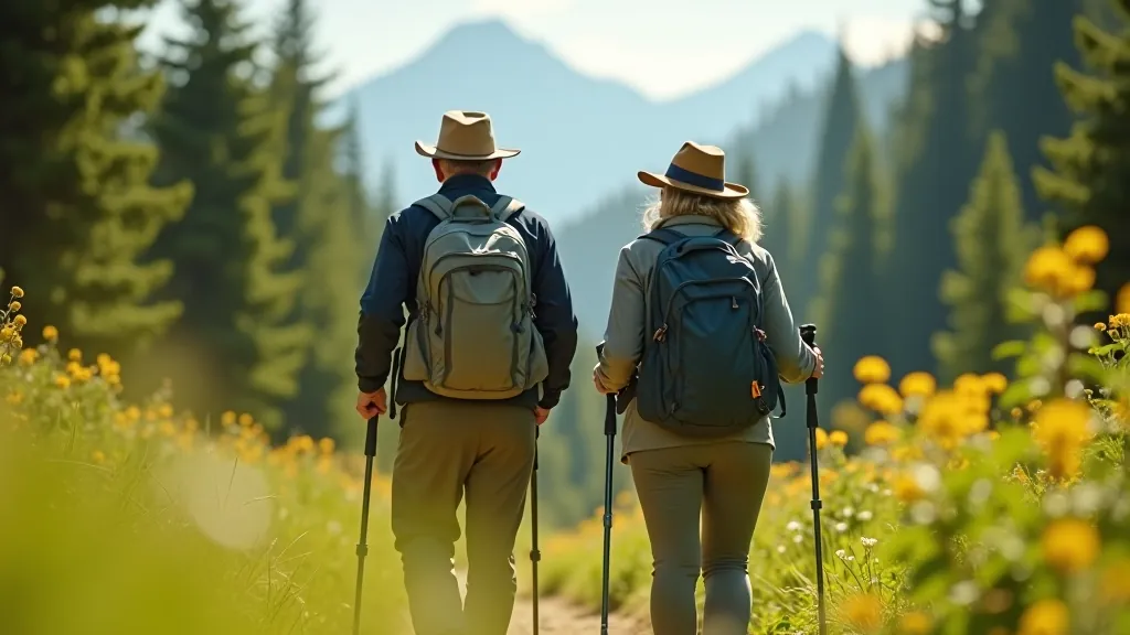 Senior couple hiking on mountain trail with green forest landscape in background