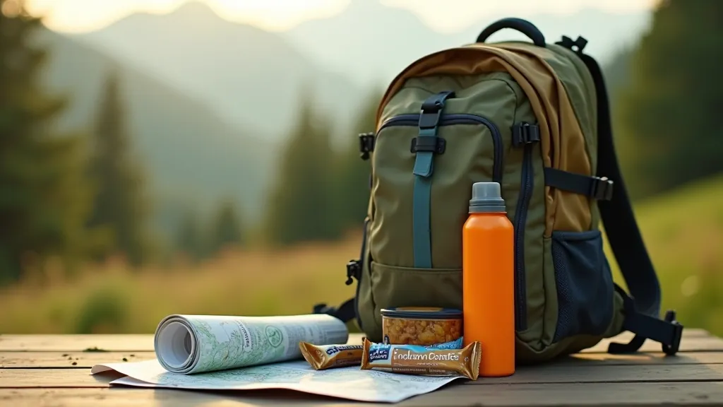 Hiking backpack with water bottle, snacks, and first aid kit arranged on wooden surface