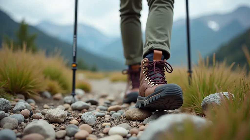 Close-up of hiking boots on mountain trail with rocks and vegetation