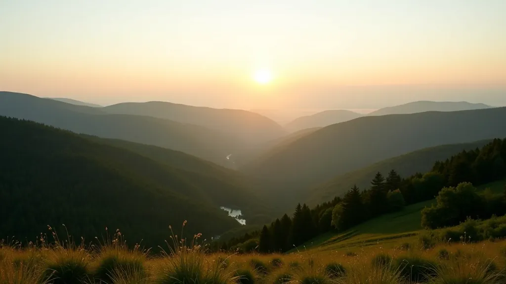 Scenic viewpoint in Gorce mountains with rolling hills and forest panorama at sunrise