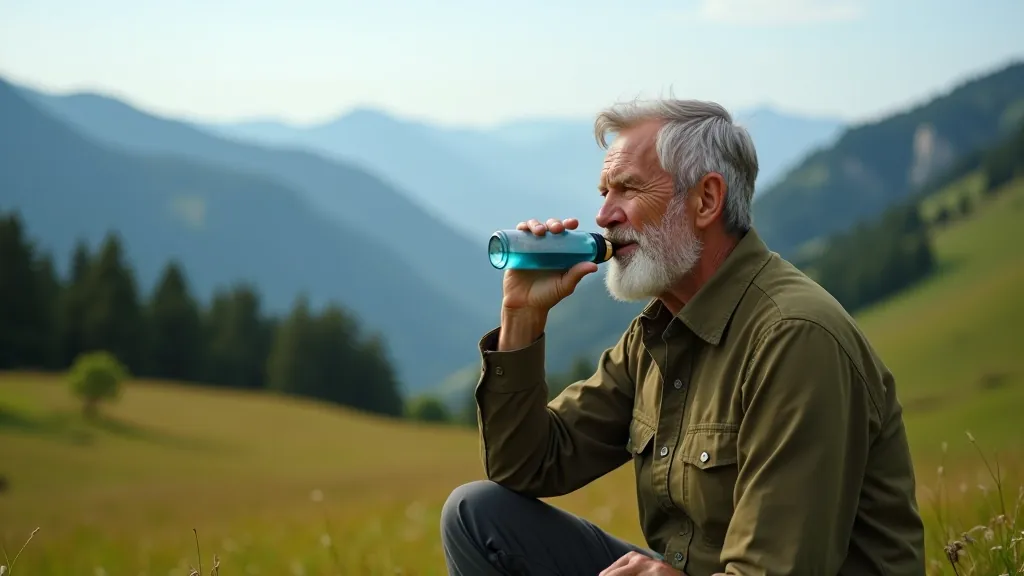 Senior person drinking water from bottle during hiking break on mountain meadow