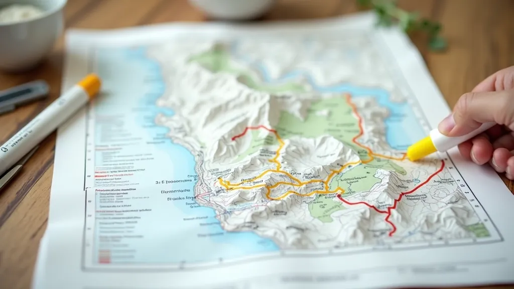 Topographic hiking map with marked trail route on mountain terrain